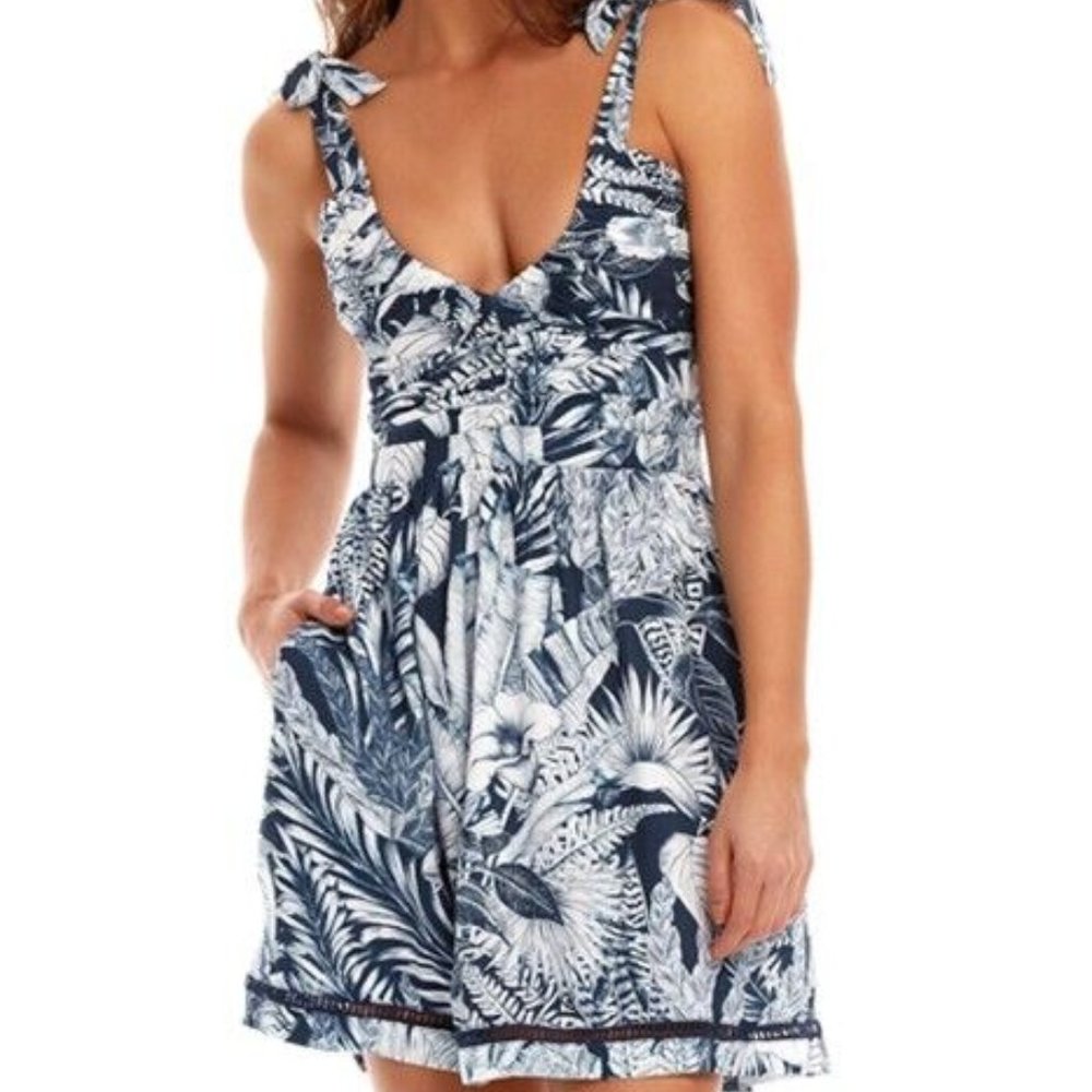 NWT Agua Bendita Sierra Helios Dress Medium Navy Blue and White Floral